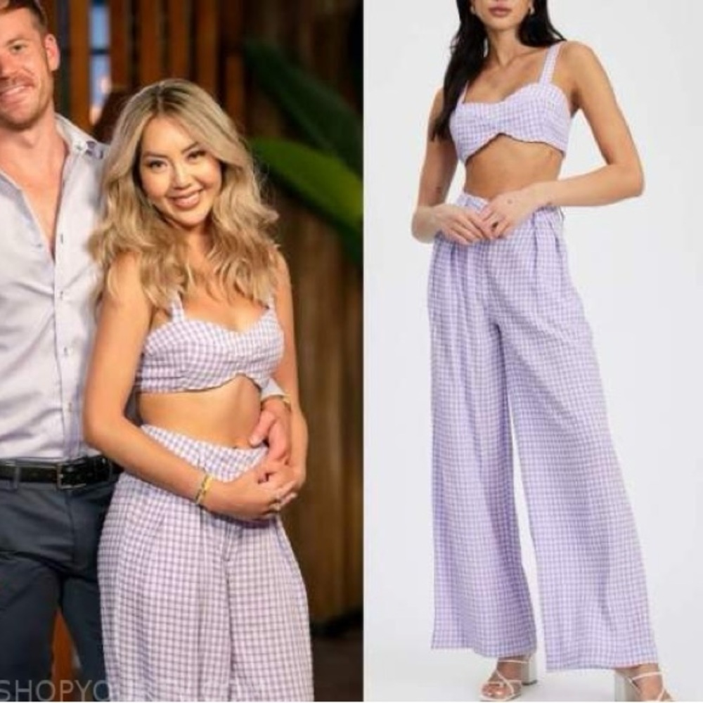 Seven Wonders (M/L) Matching Set Purple White Gingham Pant Suit Crop Top Coord